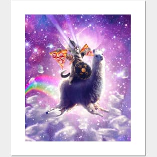 Lazer Warrior Space Cat Riding Llama Eating Pizza Posters and Art